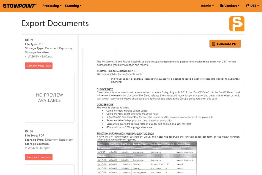 A graphic of StowPoints user interface export documents screen