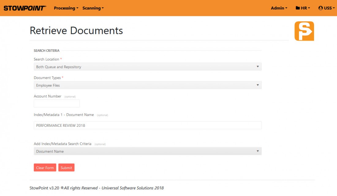A graphic of StowPoints user interface for Retrieving documents
